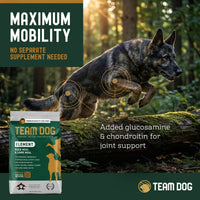 Dog running in a forest with Team Dog pet food package and text about maximum mobility and joint support.