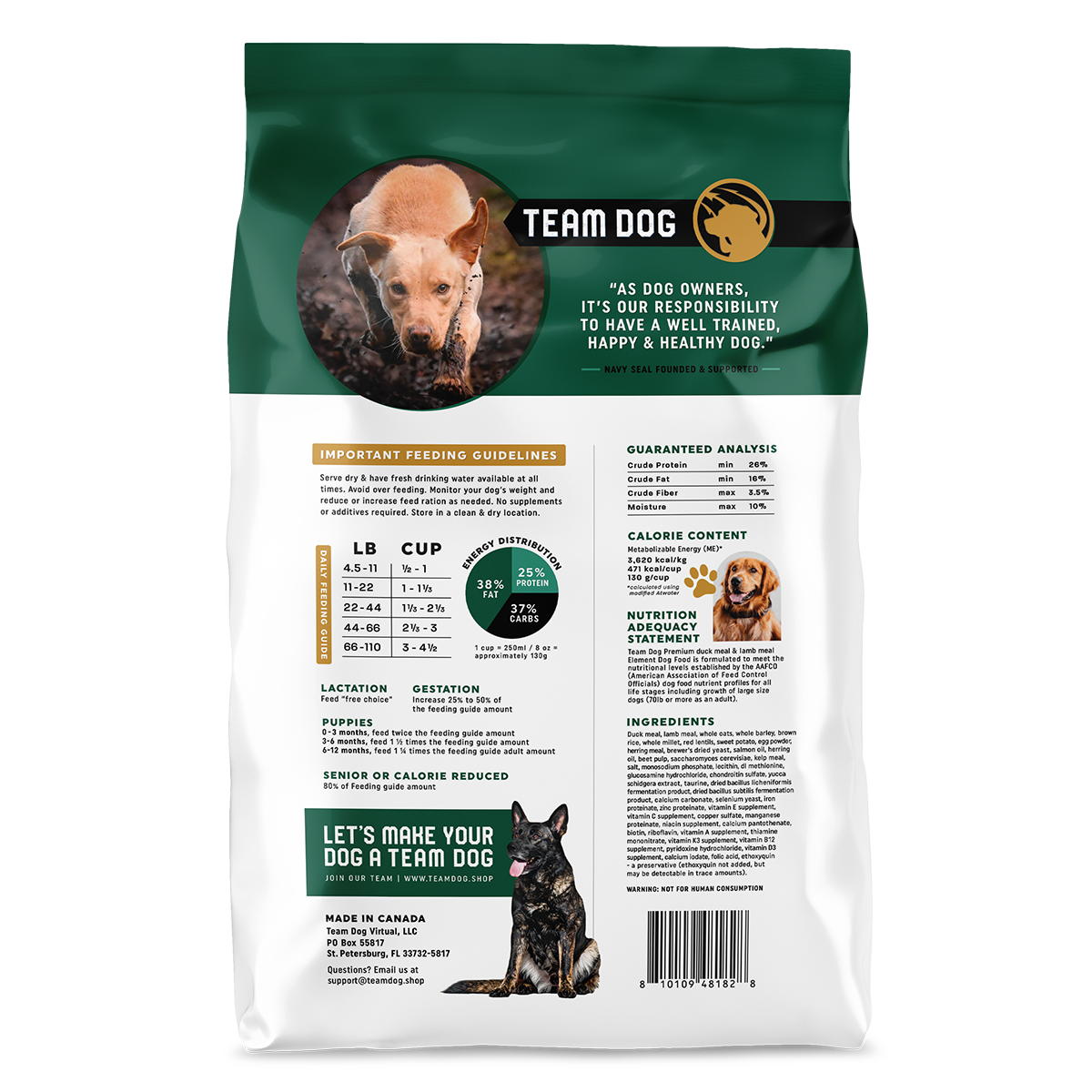 Team Dog Element duck meal and lamb meal blend dog food package, back view