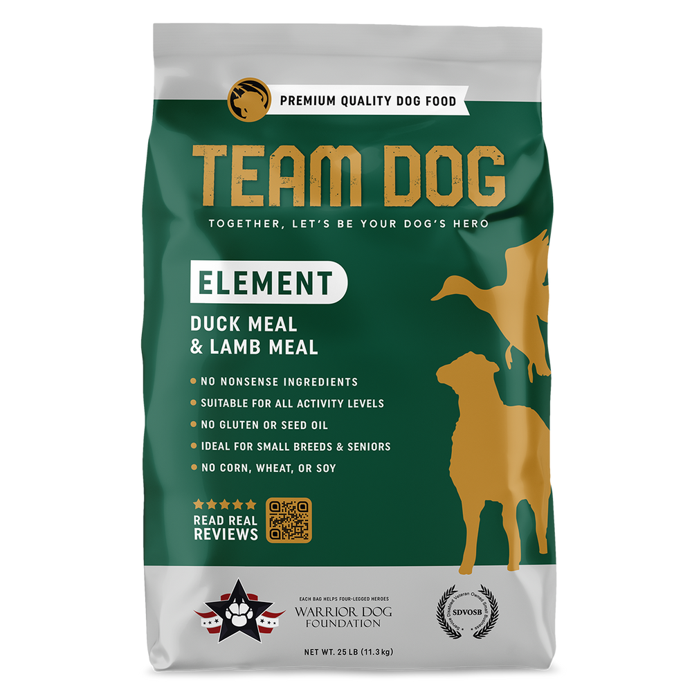 Team Dog Element duck meal and lamb meal blend dog food package, front view
