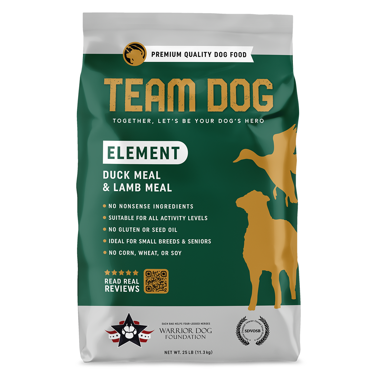 Team Dog Element duck meal and lamb meal blend dog food package, front view